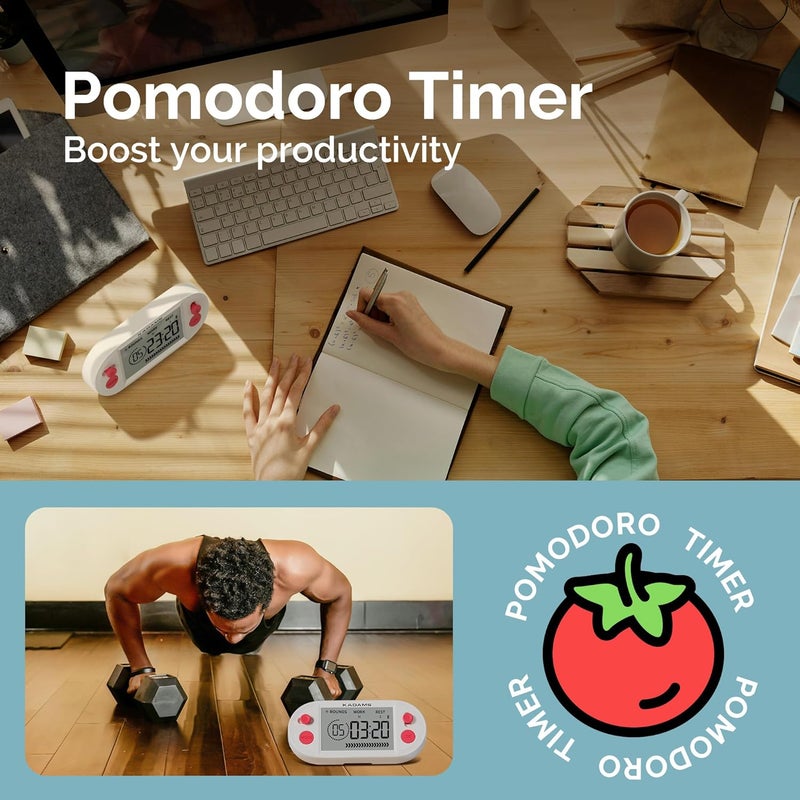 KADAMS Pomodoro Timer for Productivity Interval Countdown for Study Exams Gym Workouts Exercise HIIT Tabata -Magnets, Stand (Red) - Image 3